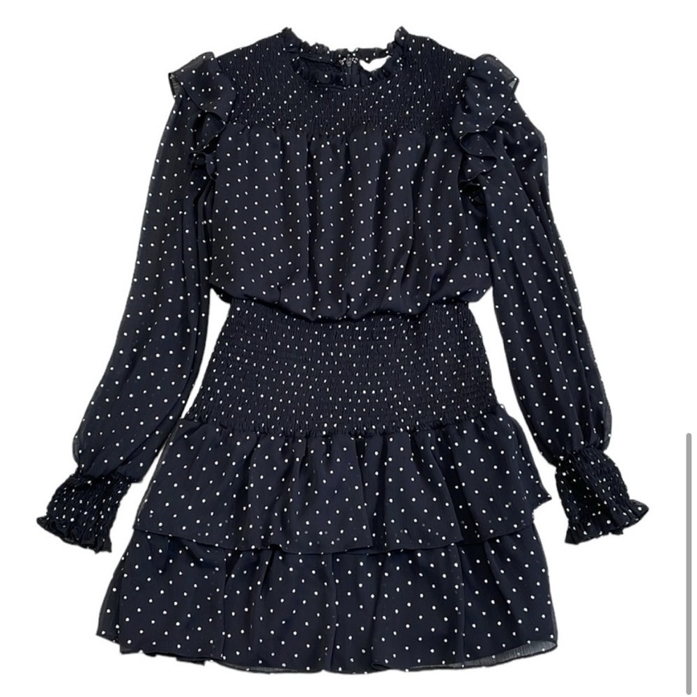 Vici x Gina Black Sheer Polka Dot Chiffon Smocked Ruffle Long Sleeve Mini Dress - Picture 7 of 12